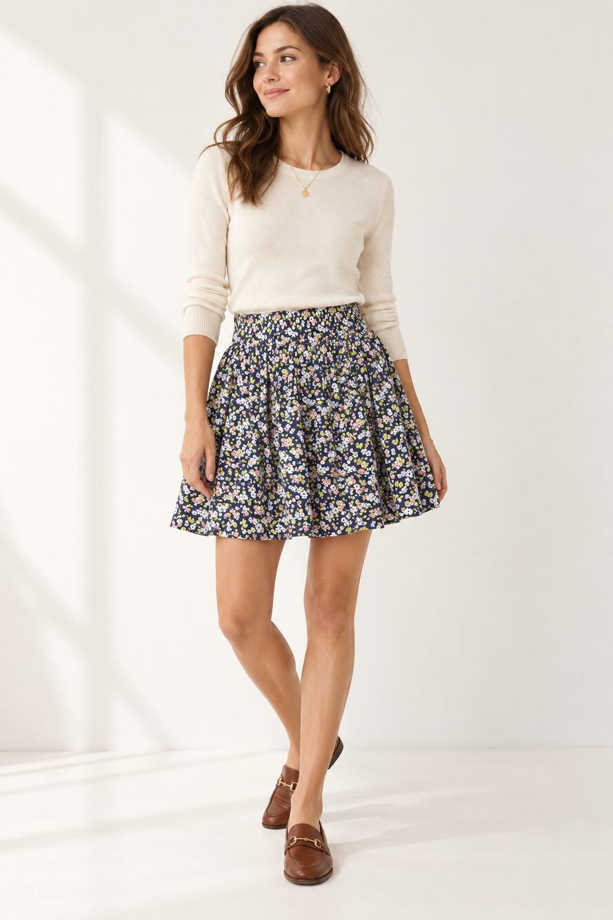 Johnnie b Boden Floral Cotton Flared Skirt Blue Smocked Waist Lined M